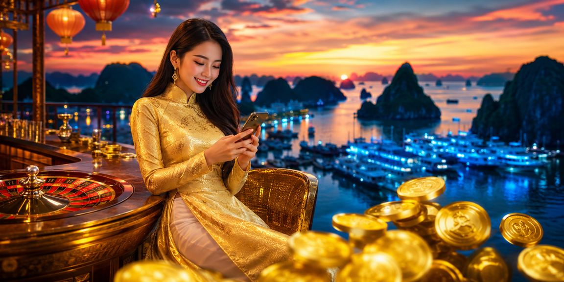 Người chơi Roulette mặc áo dài dưới nền cảnh quan Vịnh Hạ Long